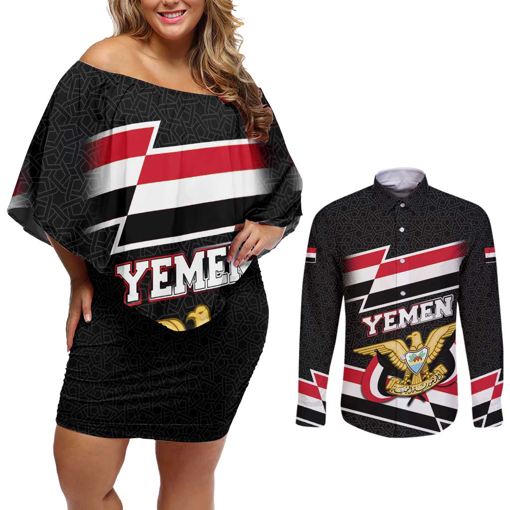 Yemen Couples Matching Off Shoulder Short Dress and Long Sleeve Button Shirt with National Eagle Emblem and Flag Stripe Design