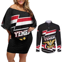Yemen Couples Matching Off Shoulder Short Dress and Long Sleeve Button Shirt with National Eagle Emblem and Flag Stripe Design