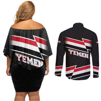 Yemen Couples Matching Off Shoulder Short Dress and Long Sleeve Button Shirt with National Eagle Emblem and Flag Stripe Design