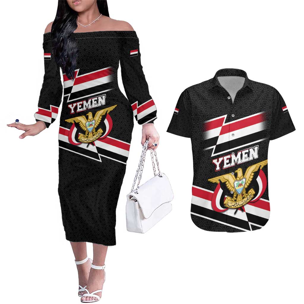 Yemen Couples Matching Off The Shoulder Long Sleeve Dress and Hawaiian Shirt with National Eagle Emblem and Flag Stripe Design