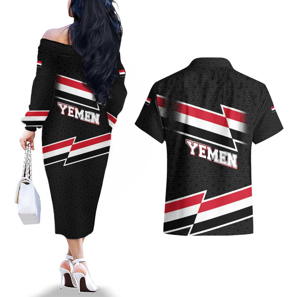 Yemen Couples Matching Off The Shoulder Long Sleeve Dress and Hawaiian Shirt with National Eagle Emblem and Flag Stripe Design