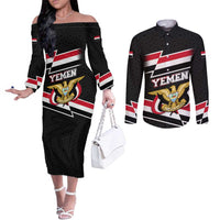 Yemen Couples Matching Off The Shoulder Long Sleeve Dress and Long Sleeve Button Shirt with National Eagle Emblem and Flag Stripe Design