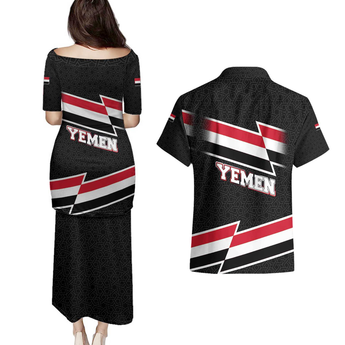 Yemen Couples Matching Puletasi and Hawaiian Shirt with National Eagle Emblem and Flag Stripe Design