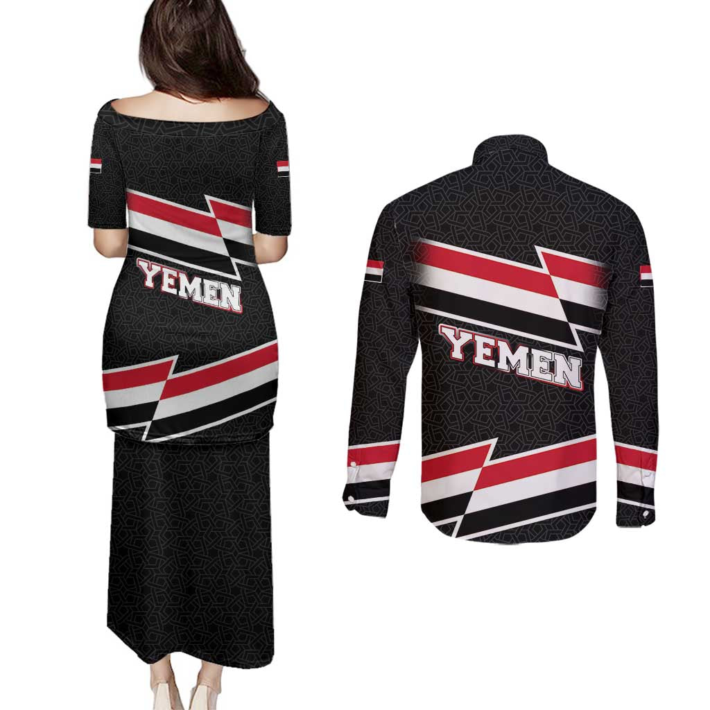 Yemen Couples Matching Puletasi and Long Sleeve Button Shirt with National Eagle Emblem and Flag Stripe Design