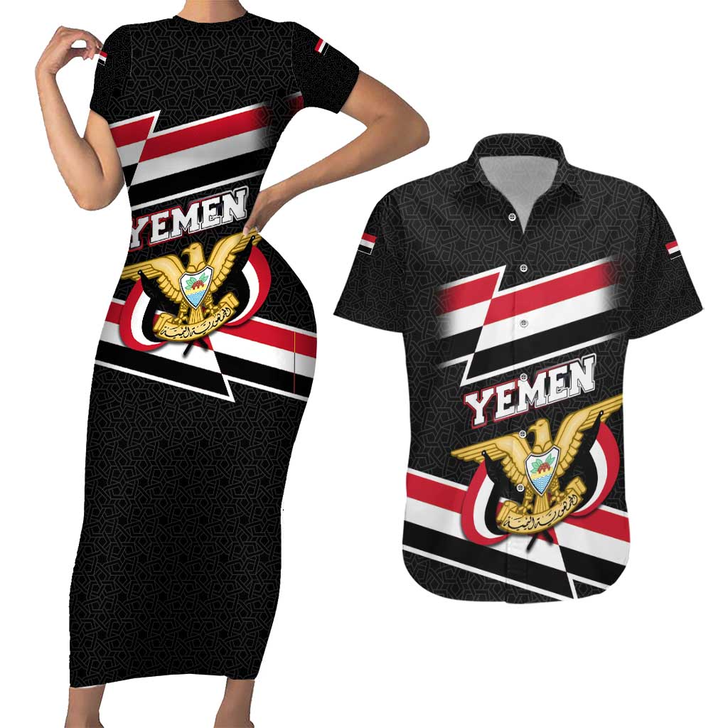 Yemen Couples Matching Short Sleeve Bodycon Dress and Hawaiian Shirt with National Eagle Emblem and Flag Stripe Design