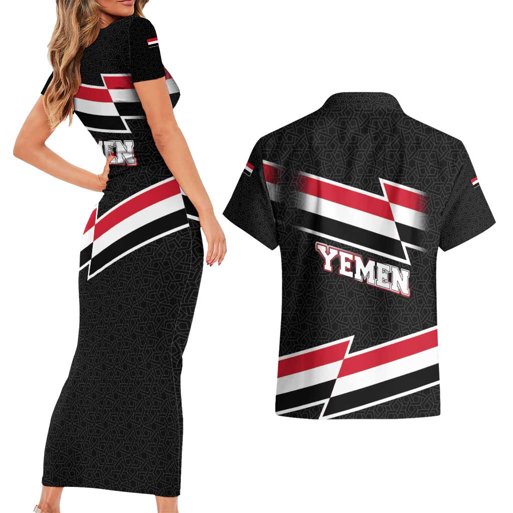Yemen Couples Matching Short Sleeve Bodycon Dress and Hawaiian Shirt with National Eagle Emblem and Flag Stripe Design