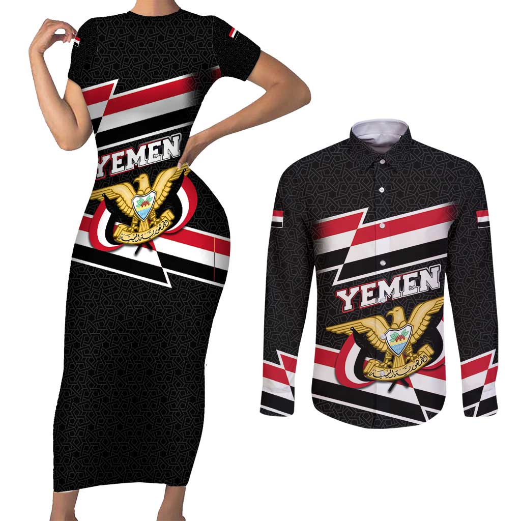 Yemen Couples Matching Short Sleeve Bodycon Dress and Long Sleeve Button Shirt with National Eagle Emblem and Flag Stripe Design