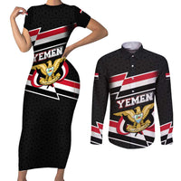 Yemen Couples Matching Short Sleeve Bodycon Dress and Long Sleeve Button Shirt with National Eagle Emblem and Flag Stripe Design