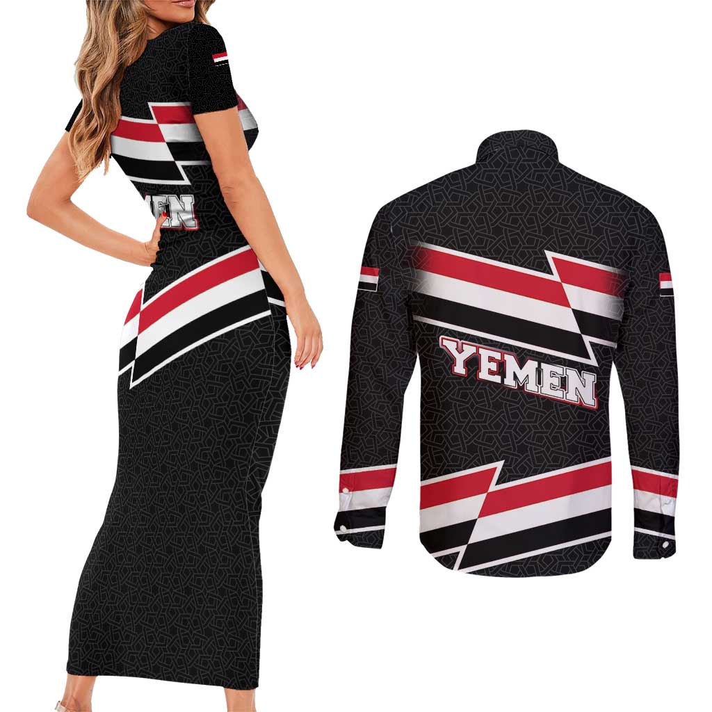 Yemen Couples Matching Short Sleeve Bodycon Dress and Long Sleeve Button Shirt with National Eagle Emblem and Flag Stripe Design