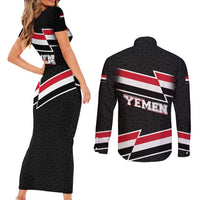 Yemen Couples Matching Short Sleeve Bodycon Dress and Long Sleeve Button Shirt with National Eagle Emblem and Flag Stripe Design