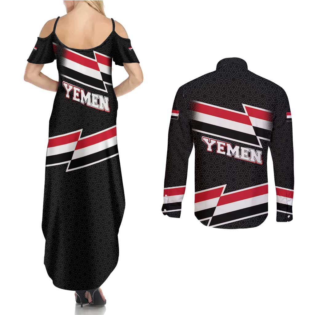 Yemen Couples Matching Summer Maxi Dress and Long Sleeve Button Shirt with National Eagle Emblem and Flag Stripe Design