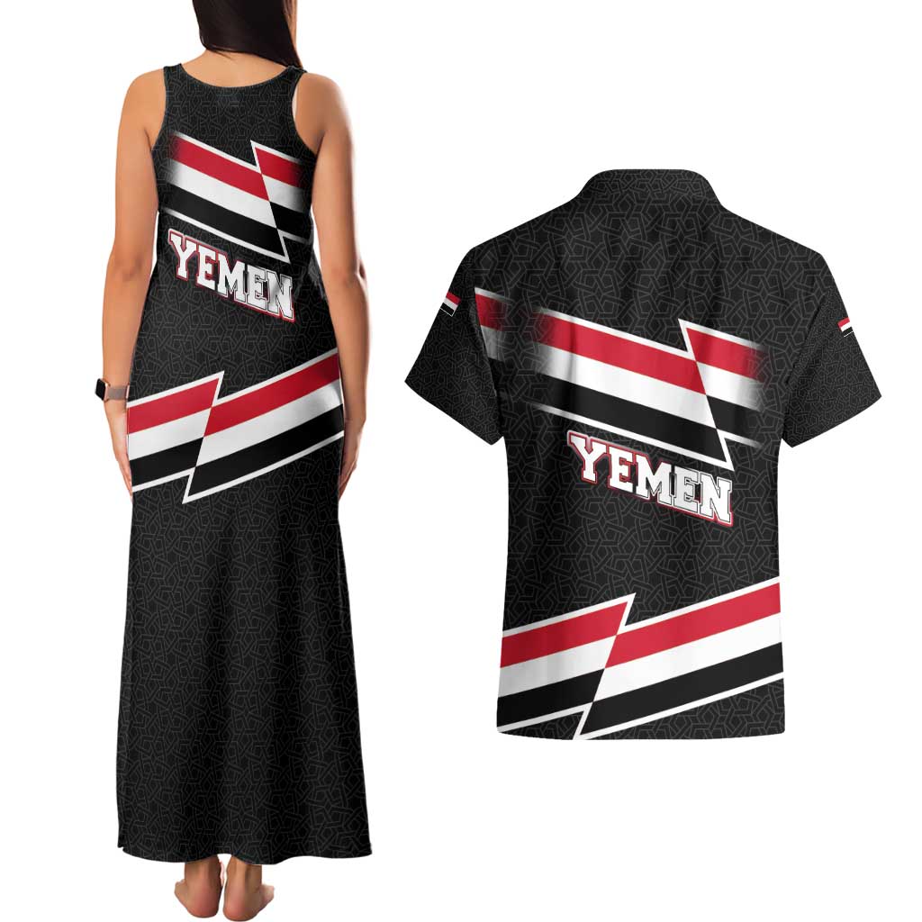 Yemen Couples Matching Tank Maxi Dress and Hawaiian Shirt with National Eagle Emblem and Flag Stripe Design