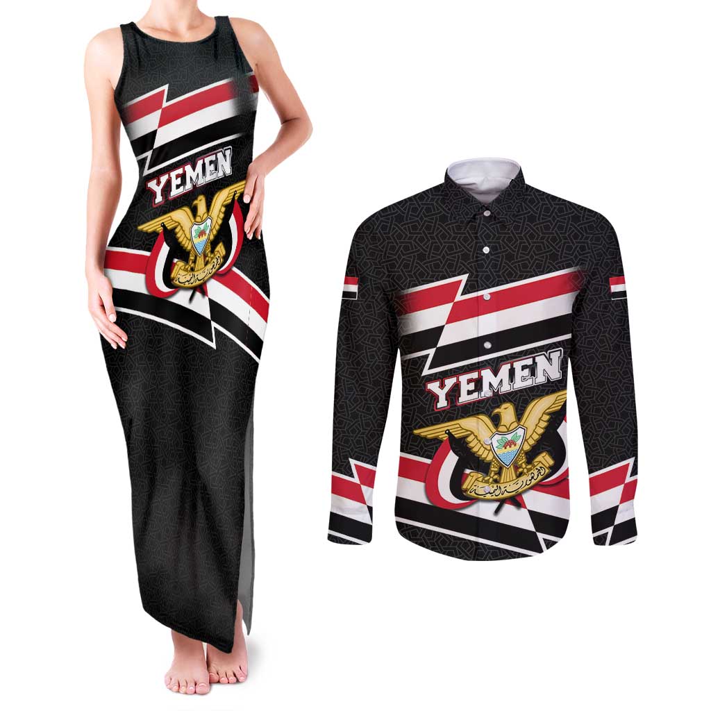 Yemen Couples Matching Tank Maxi Dress and Long Sleeve Button Shirt with National Eagle Emblem and Flag Stripe Design
