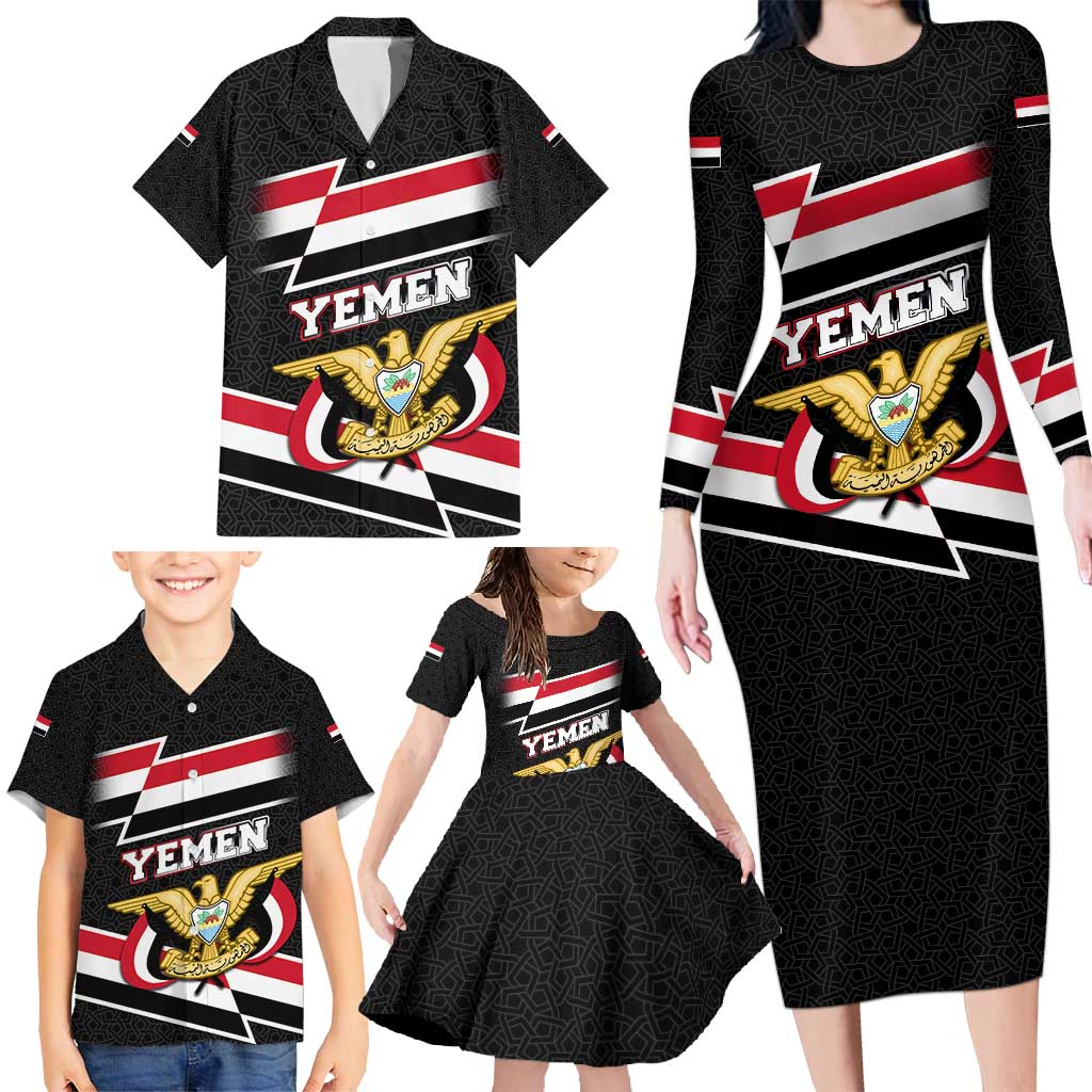 Yemen Family Matching Long Sleeve Bodycon Dress and Hawaiian Shirt with National Eagle Emblem and Flag Stripe Design