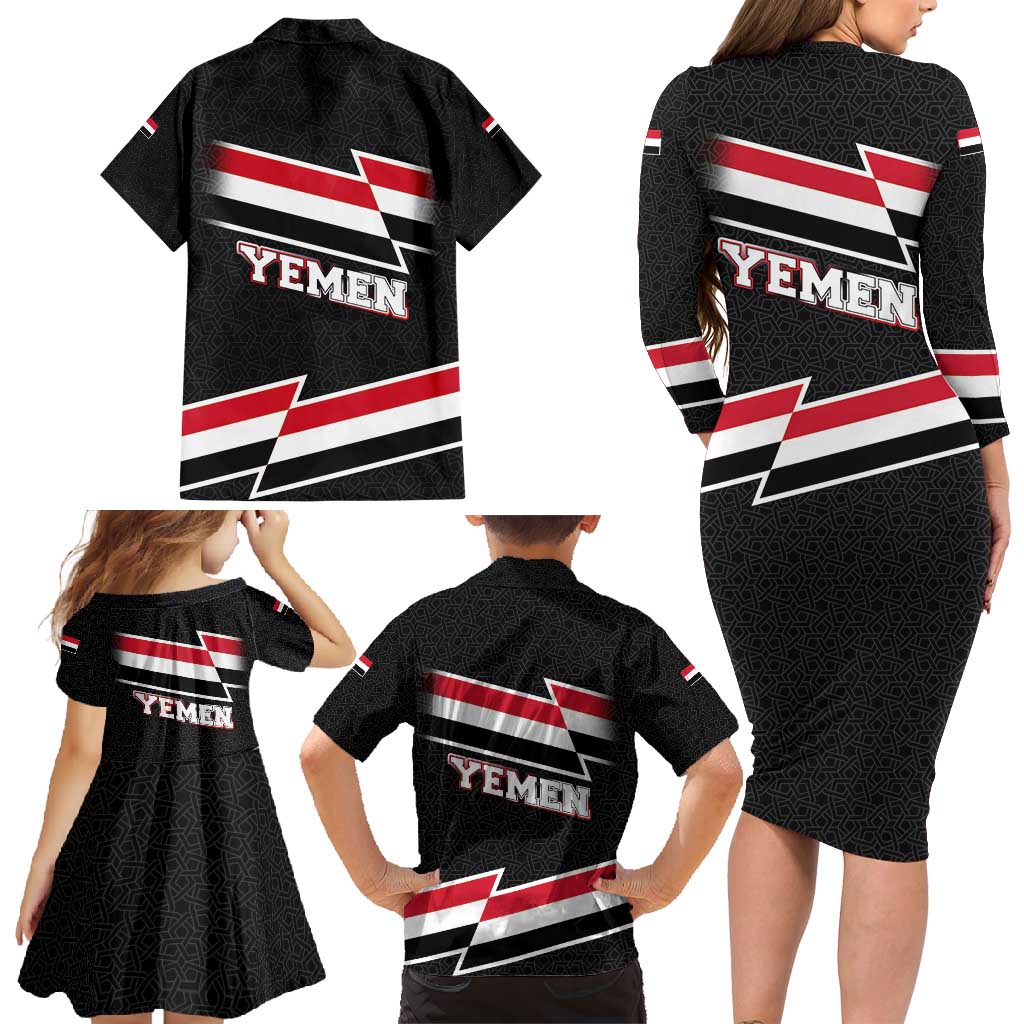 Yemen Family Matching Long Sleeve Bodycon Dress and Hawaiian Shirt with National Eagle Emblem and Flag Stripe Design