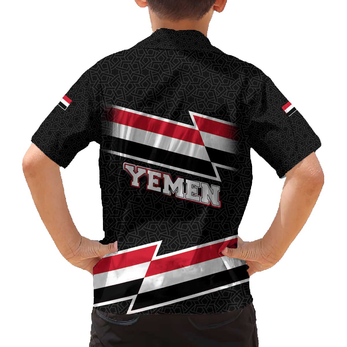 Yemen Family Matching Off The Shoulder Long Sleeve Dress and Hawaiian Shirt with National Eagle Emblem and Flag Stripe Design