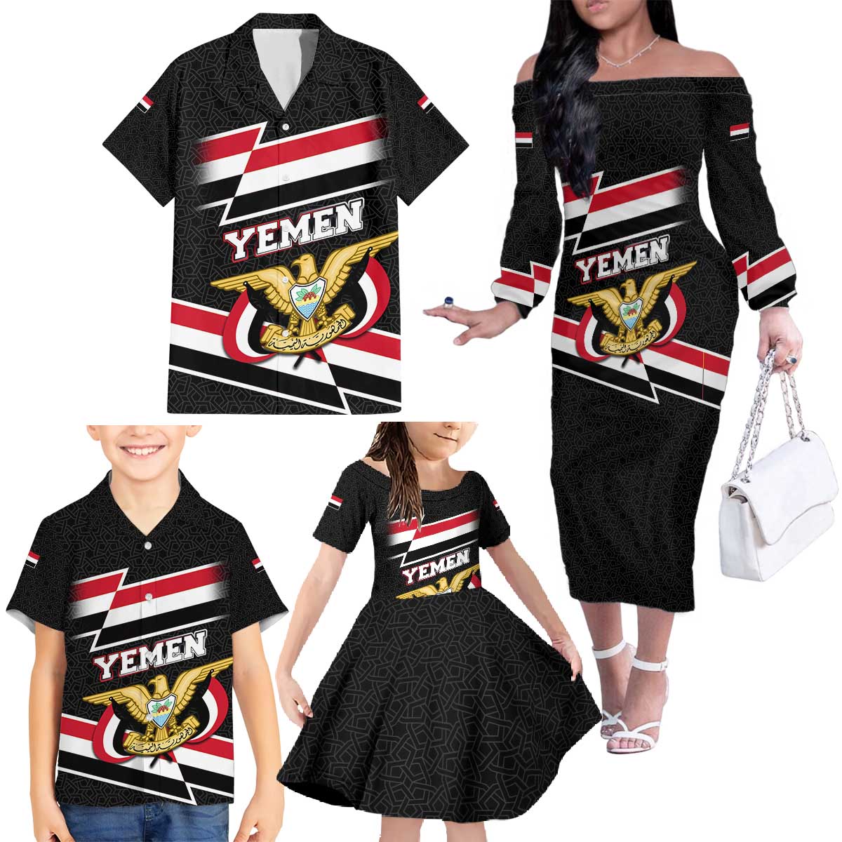Yemen Family Matching Off The Shoulder Long Sleeve Dress and Hawaiian Shirt with National Eagle Emblem and Flag Stripe Design