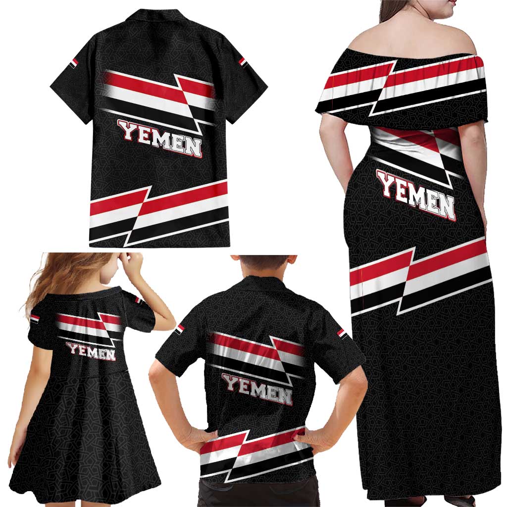 Yemen Family Matching Off Shoulder Maxi Dress and Hawaiian Shirt with National Eagle Emblem and Flag Stripe Design