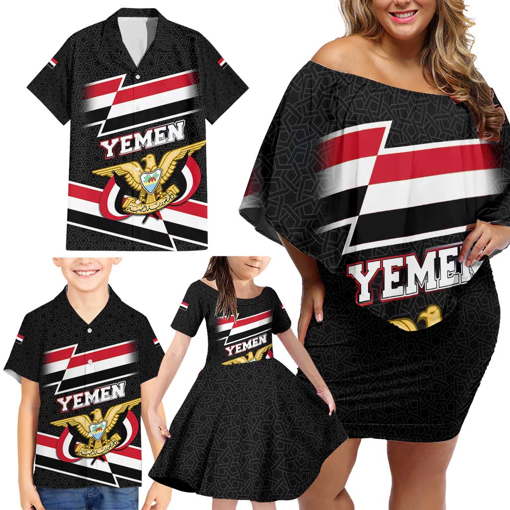 Yemen Family Matching Off Shoulder Short Dress and Hawaiian Shirt with National Eagle Emblem and Flag Stripe Design
