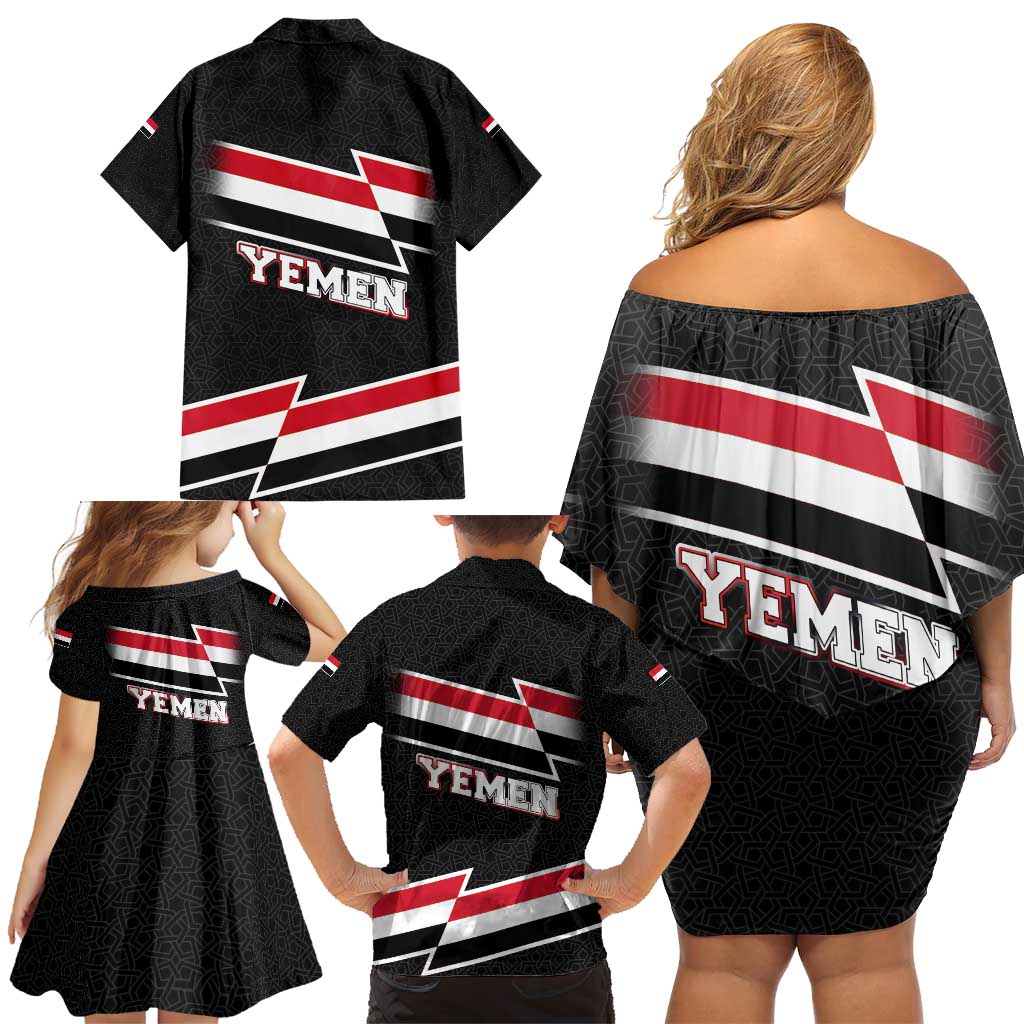 Yemen Family Matching Off Shoulder Short Dress and Hawaiian Shirt with National Eagle Emblem and Flag Stripe Design