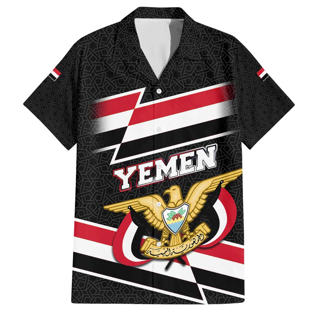 Yemen Family Matching Off Shoulder Short Dress and Hawaiian Shirt with National Eagle Emblem and Flag Stripe Design
