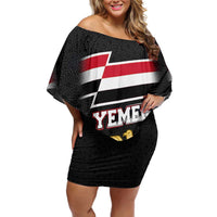 Yemen Family Matching Off Shoulder Short Dress and Hawaiian Shirt with National Eagle Emblem and Flag Stripe Design