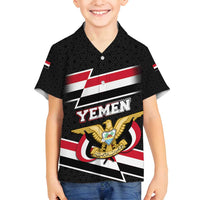 Yemen Family Matching Off Shoulder Short Dress and Hawaiian Shirt with National Eagle Emblem and Flag Stripe Design