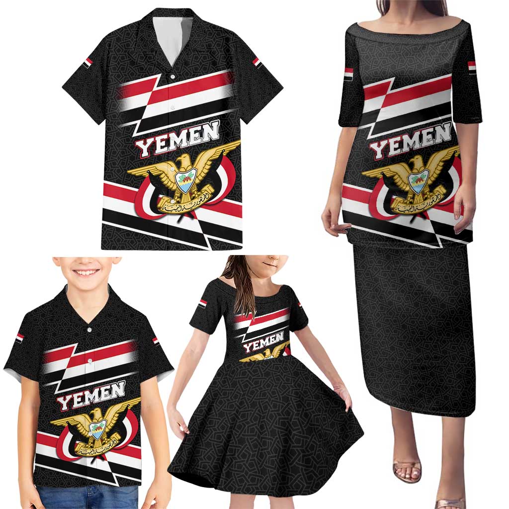 Yemen Family Matching Puletasi and Hawaiian Shirt with National Eagle Emblem and Flag Stripe Design
