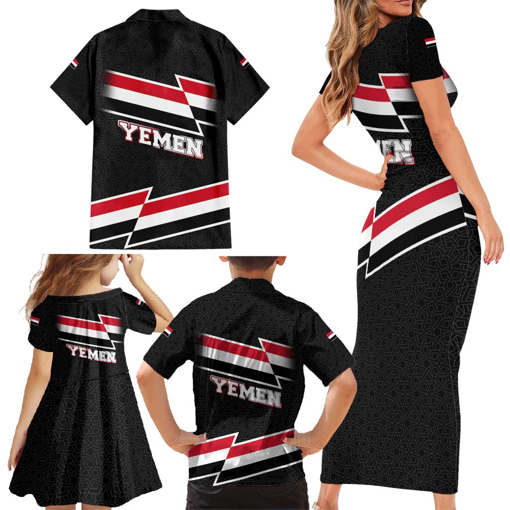 Yemen Family Matching Short Sleeve Bodycon Dress and Hawaiian Shirt with National Eagle Emblem and Flag Stripe Design