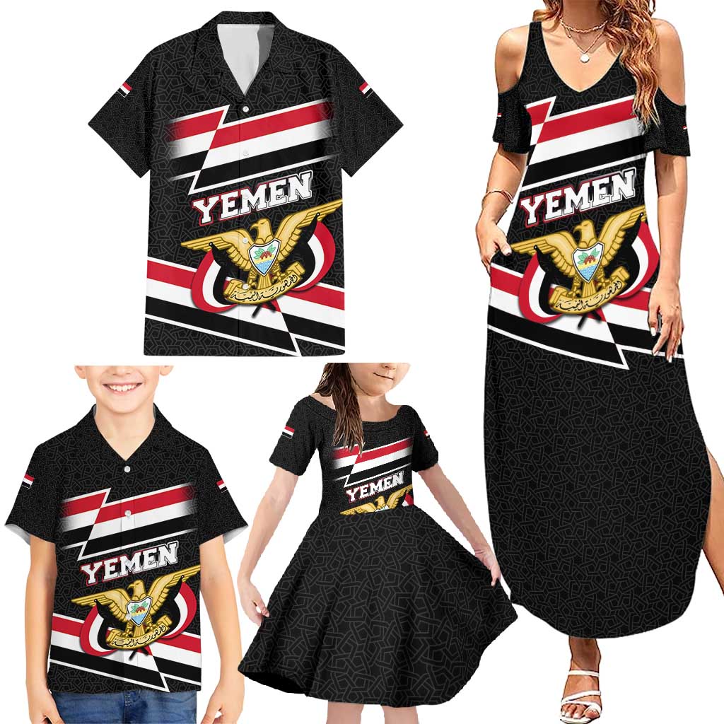 Yemen Family Matching Summer Maxi Dress and Hawaiian Shirt with National Eagle Emblem and Flag Stripe Design