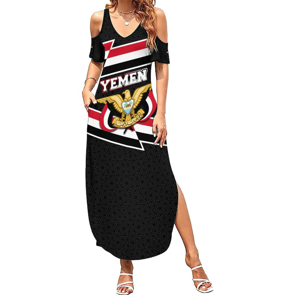 Yemen Family Matching Summer Maxi Dress and Hawaiian Shirt with National Eagle Emblem and Flag Stripe Design