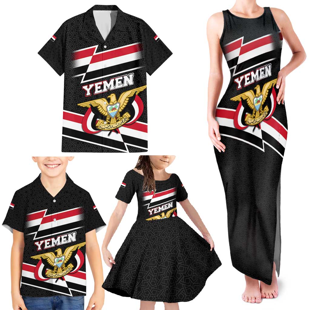 Yemen Family Matching Tank Maxi Dress and Hawaiian Shirt with National Eagle Emblem and Flag Stripe Design