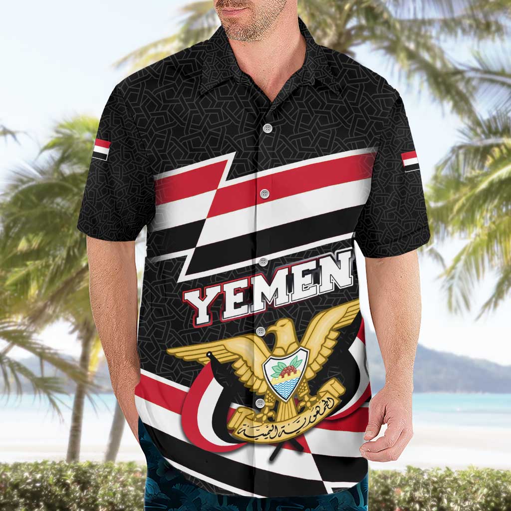 Yemen Hawaiian Shirt with National Eagle Emblem and Flag Stripe Design