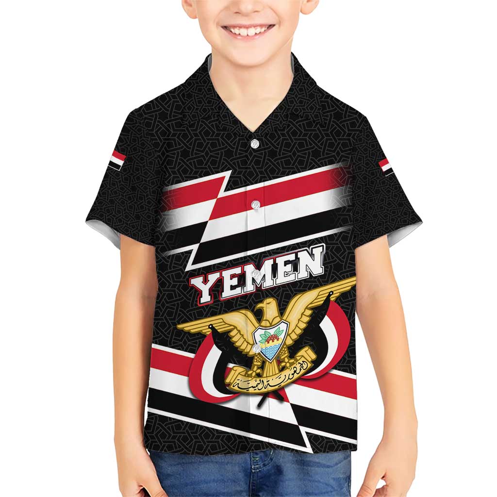 Yemen Kid Hawaiian Shirt with National Eagle Emblem and Flag Stripe Design