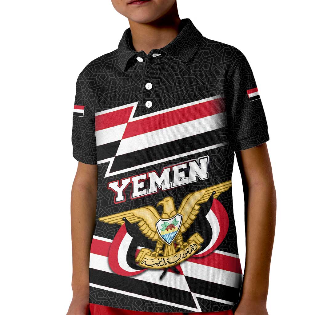 Yemen Kid Polo Shirt with National Eagle Emblem and Flag Stripe Design