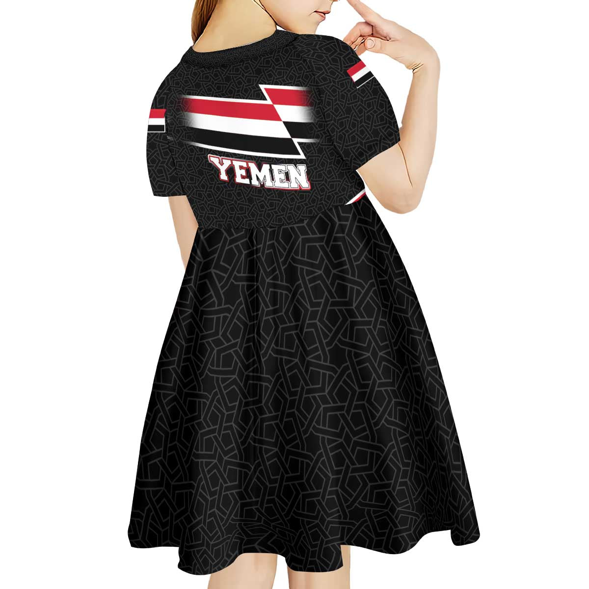 Yemen Kid Short Sleeve Dress with National Eagle Emblem and Flag Stripe Design
