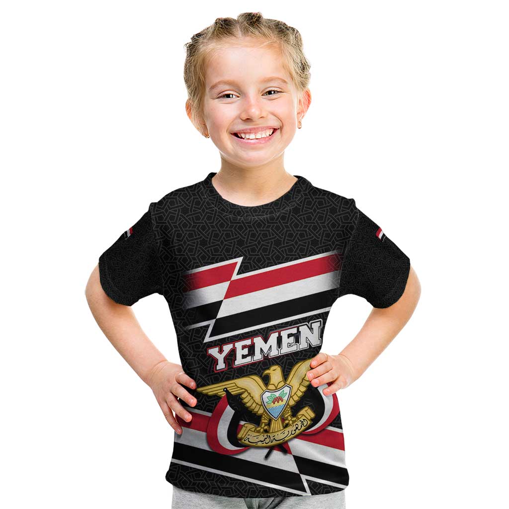 Yemen Kid T Shirt with National Eagle Emblem and Flag Stripe Design