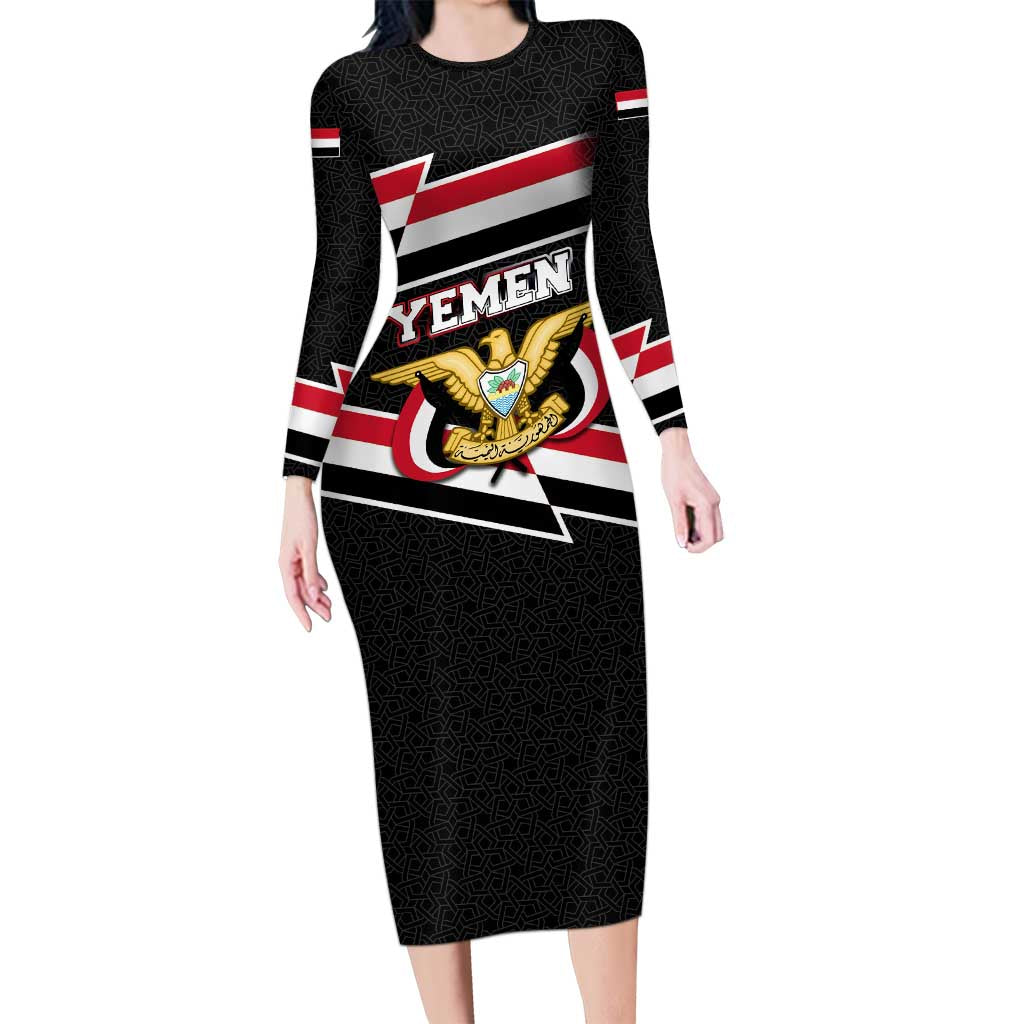 Yemen Long Sleeve Bodycon Dress with National Eagle Emblem and Flag Stripe Design