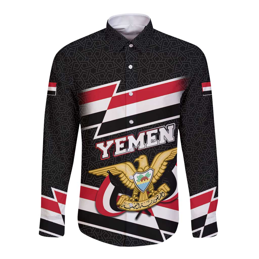 Yemen Long Sleeve Button Shirt with National Eagle Emblem and Flag Stripe Design