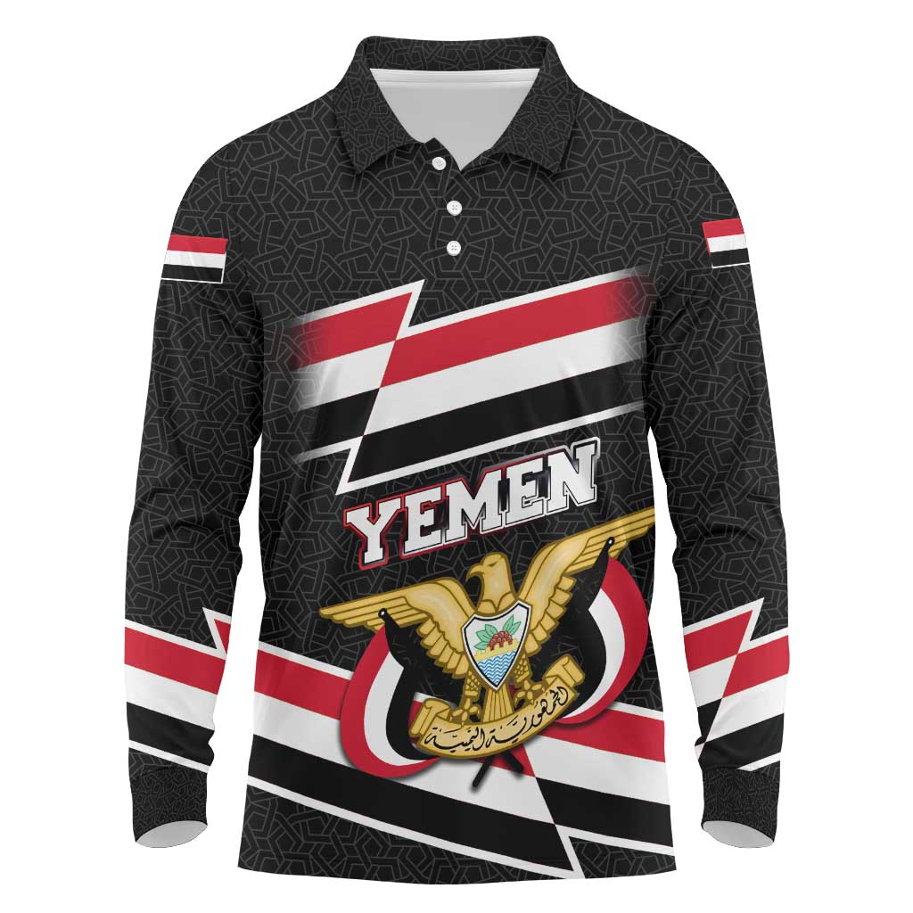 Yemen Long Sleeve Polo Shirt with National Eagle Emblem and Flag Stripe Design
