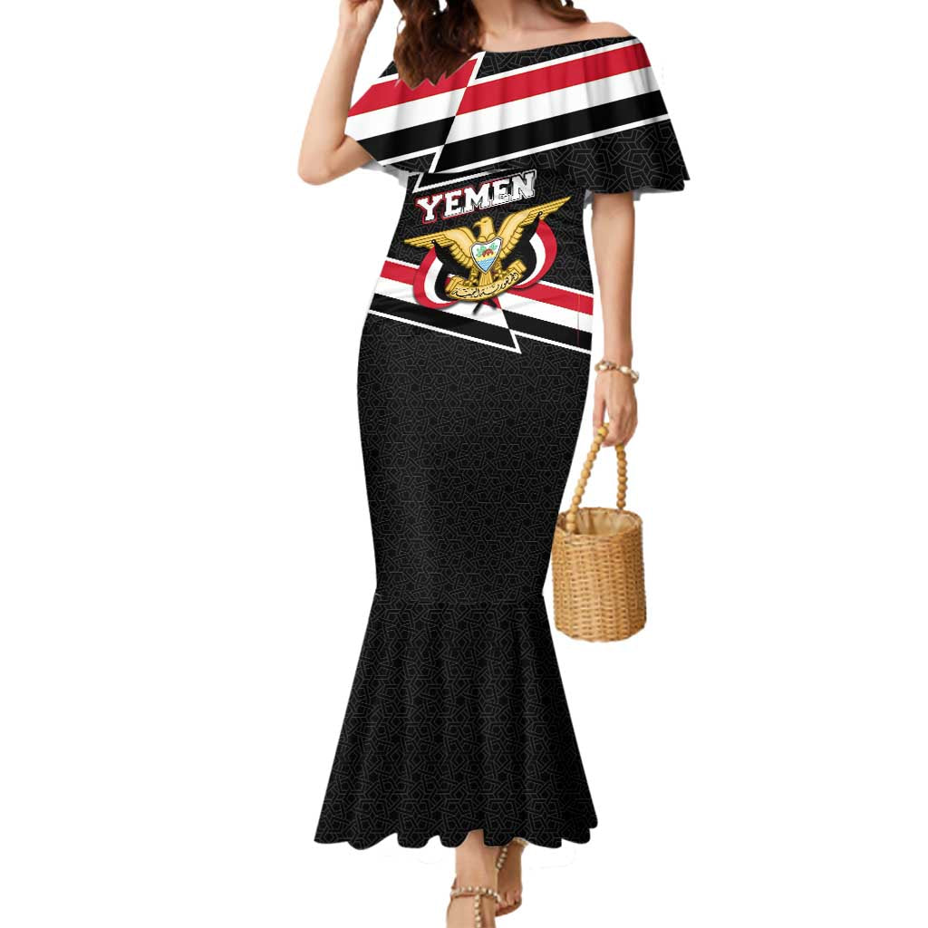 Yemen Mermaid Dress with National Eagle Emblem and Flag Stripe Design
