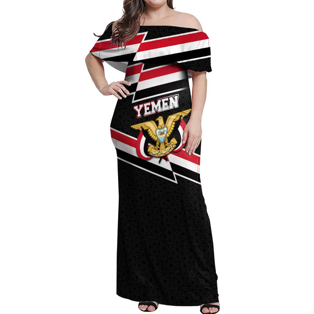Yemen Off Shoulder Maxi Dress with National Eagle Emblem and Flag Stripe Design