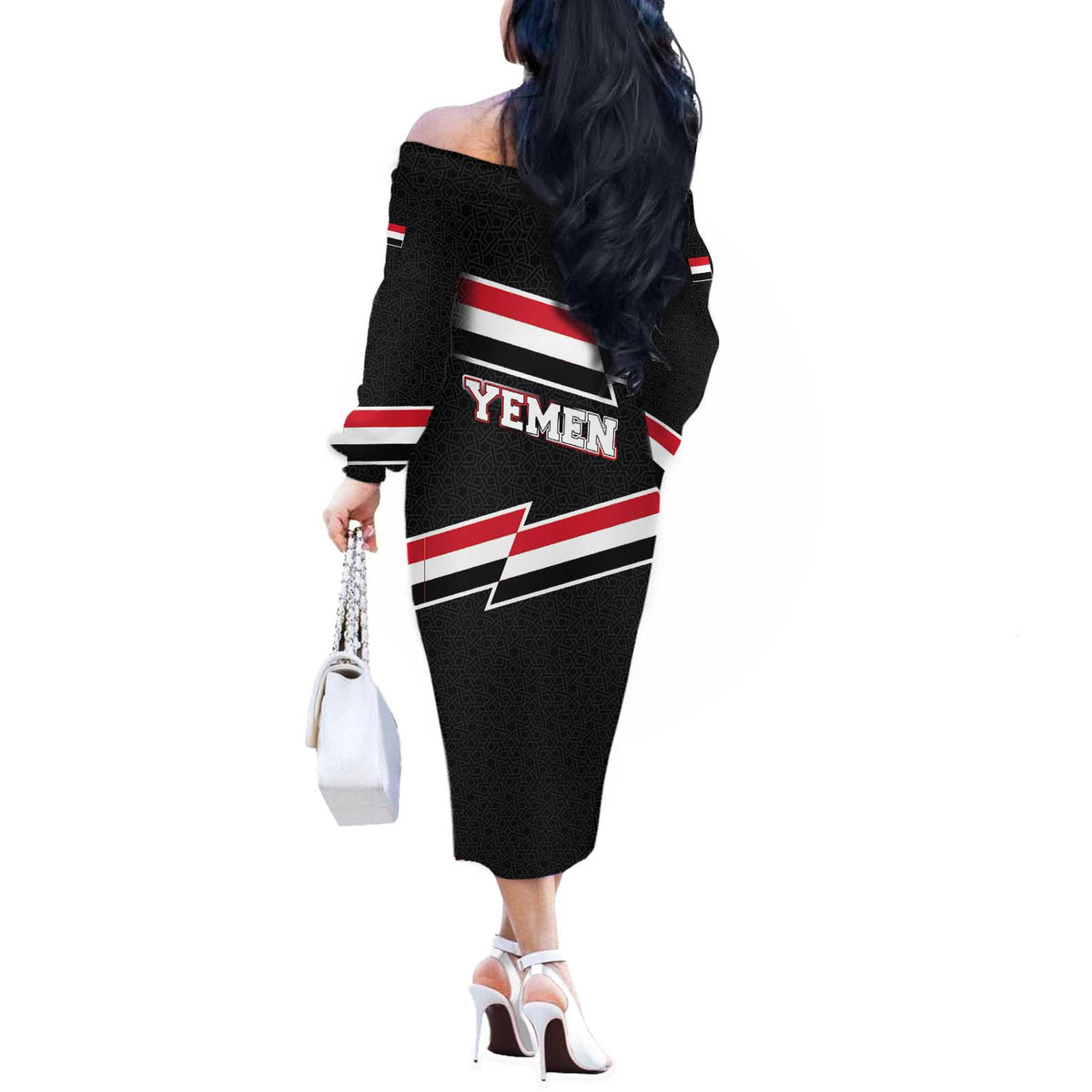 Yemen Off The Shoulder Long Sleeve Dress with National Eagle Emblem and Flag Stripe Design