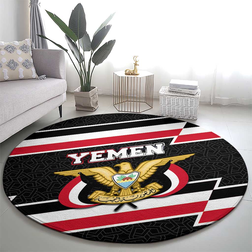 Yemen Round Carpet with National Eagle Emblem and Flag Stripe Design