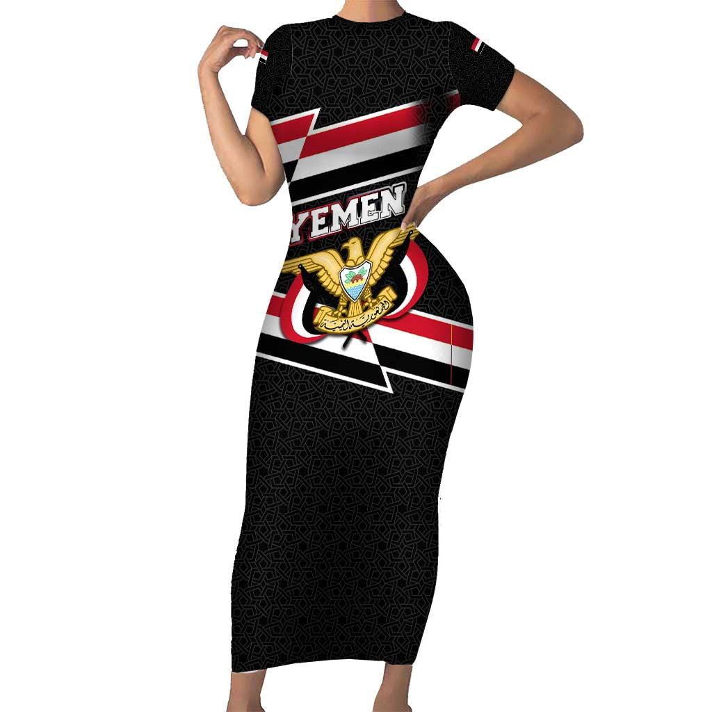 Yemen Short Sleeve Bodycon Dress with National Eagle Emblem and Flag Stripe Design