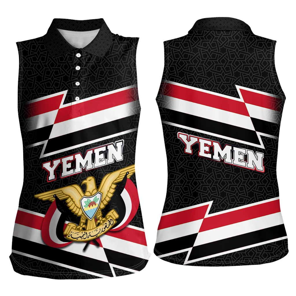 Yemen Women Sleeveless Polo Shirt with National Eagle Emblem and Flag Stripe Design