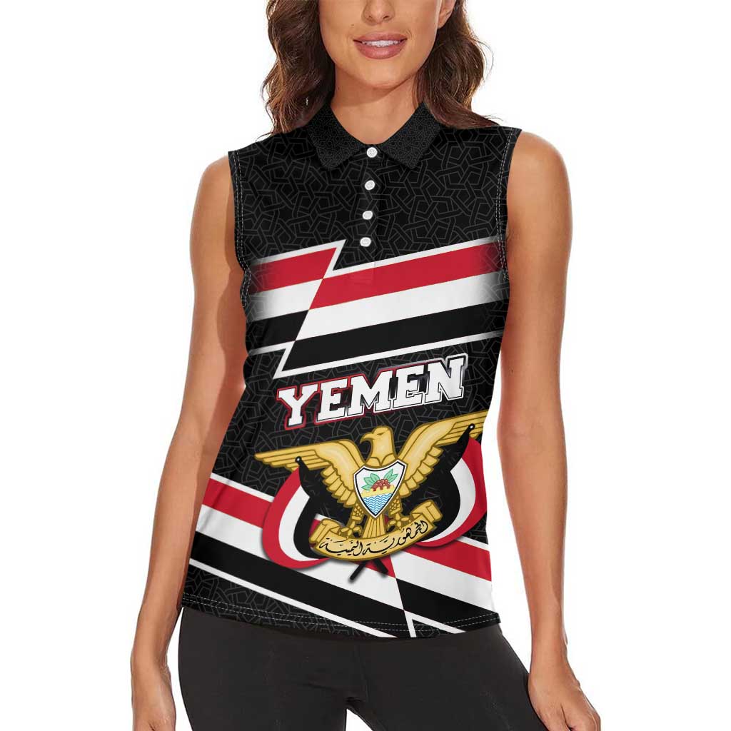 Yemen Women Sleeveless Polo Shirt with National Eagle Emblem and Flag Stripe Design