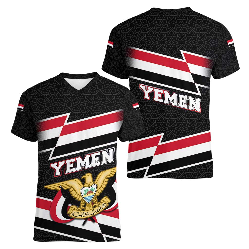 Yemen Women V-Neck T-Shirt with National Eagle Emblem and Flag Stripe Design