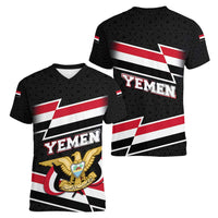 Yemen Women V-Neck T-Shirt with National Eagle Emblem and Flag Stripe Design