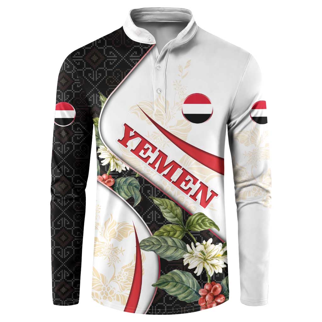 Yemen Button Sweatshirt with Mocha Coffee Plant Design and National Flag Accents